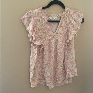 Lucky Brand Pink and Orange Ruffled Cap Sleeve Blouse